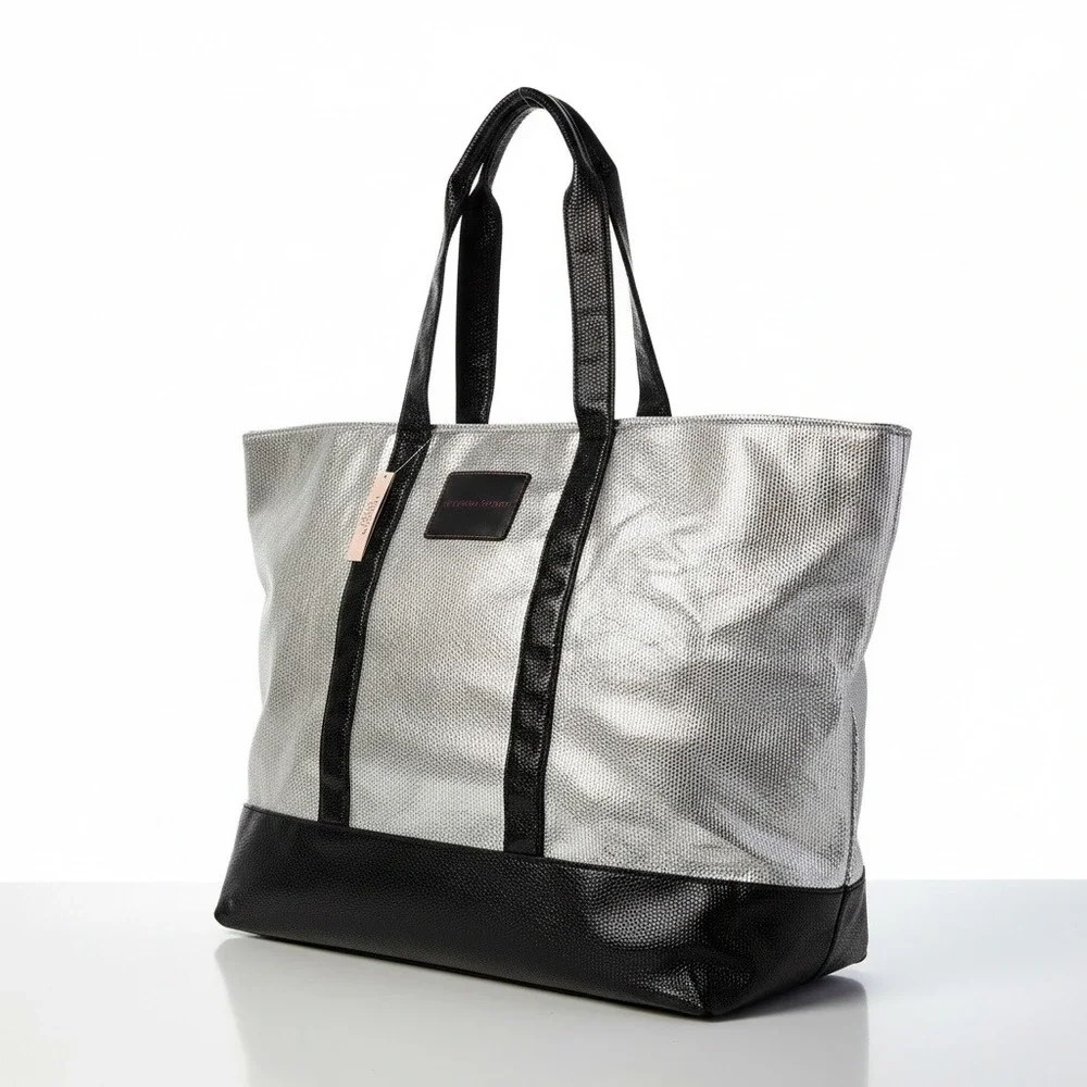Victoria's Secret Tote Bag Silver Black Metallic Textured Y2K Aesthetic NWT
